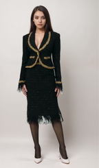Flowering Girl Women Black Tweed Blazer and Skirt Set with Gold Trim and Feather Detailing
