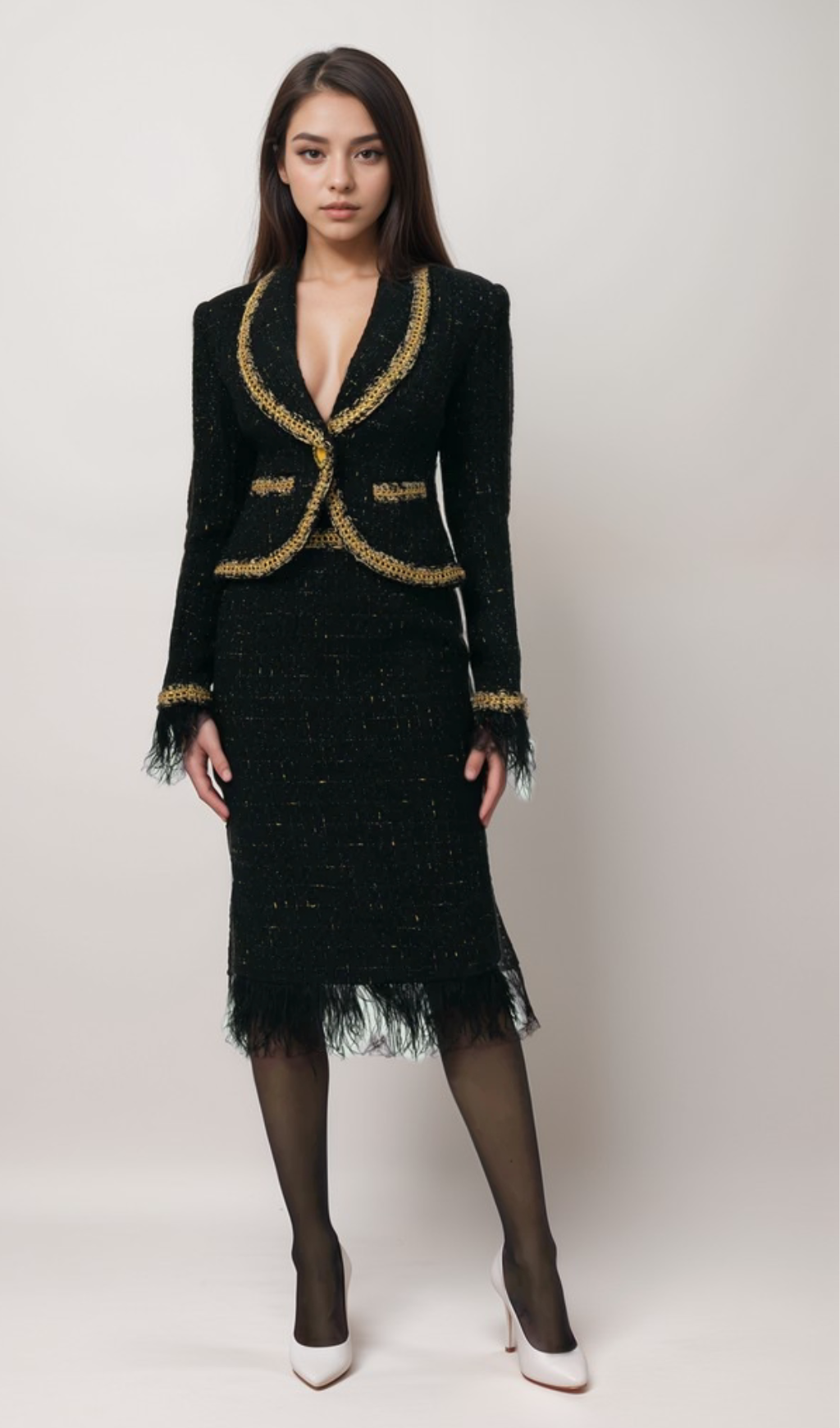 Flowering Girl Women Black Tweed Blazer and Skirt Set with Gold Trim and Feather Detailing
