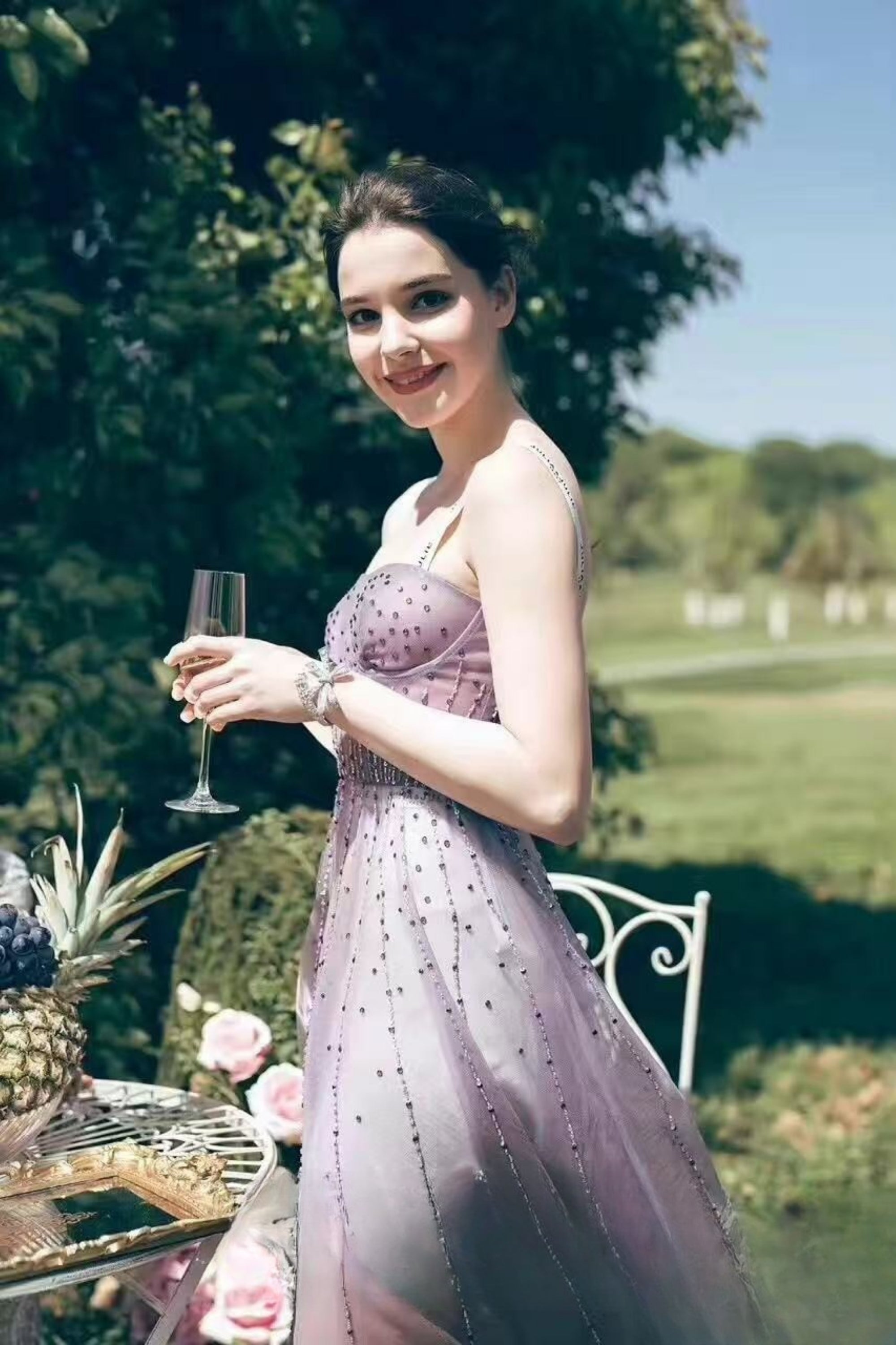 embellished tulle corset maxi dress in purple