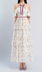 Flowering Girl Women floral print bow collar ruffle flared maxi dress