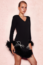 Flowering Girl Women Long Sleeve Bow Crystal Feather Dress