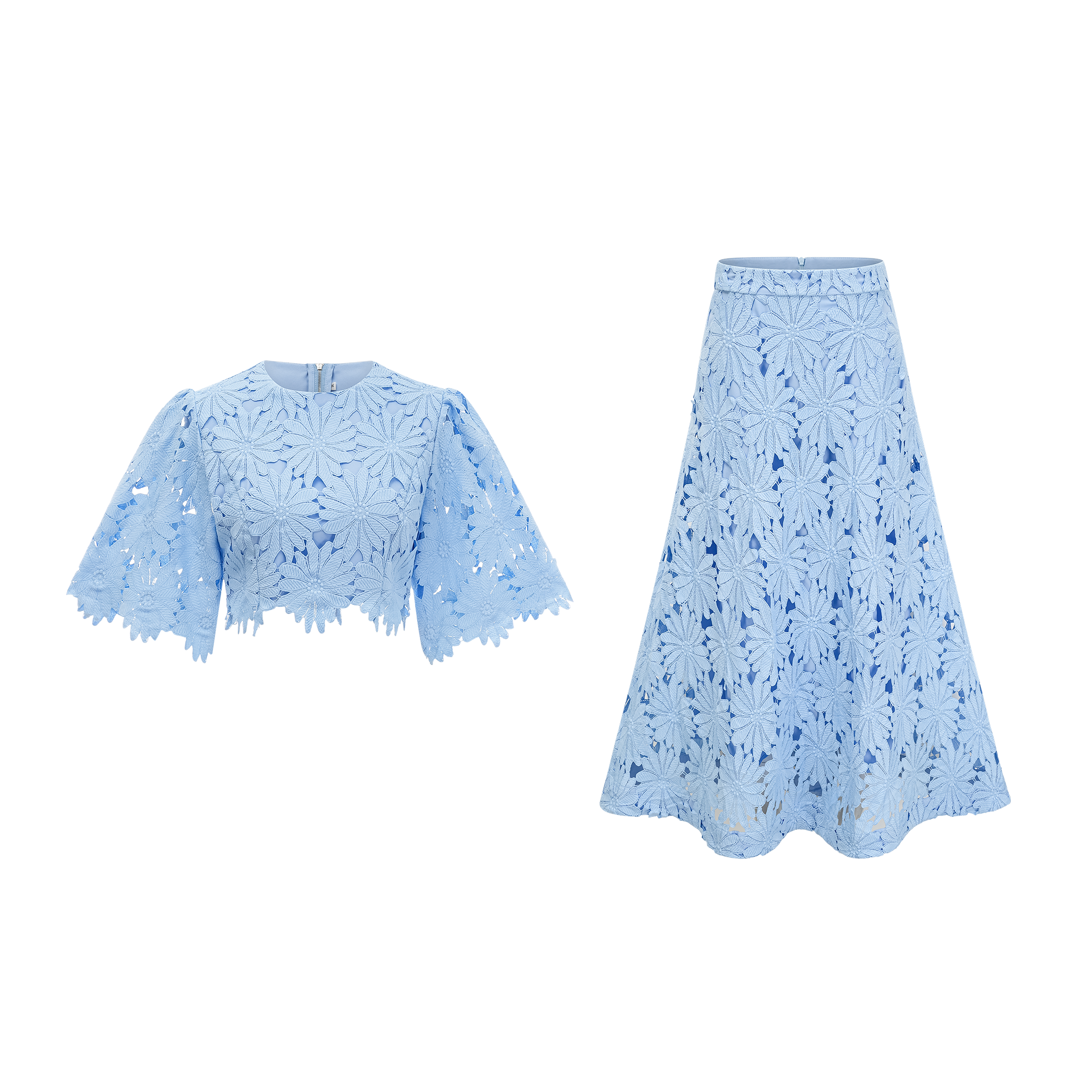 penny Openwork floral lace blouse maxi skirt set - blue