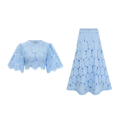 penny Openwork floral lace blouse maxi skirt set - blue