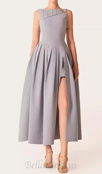 Flowering Girl Women sleeveless pleated slit midi dress in gray