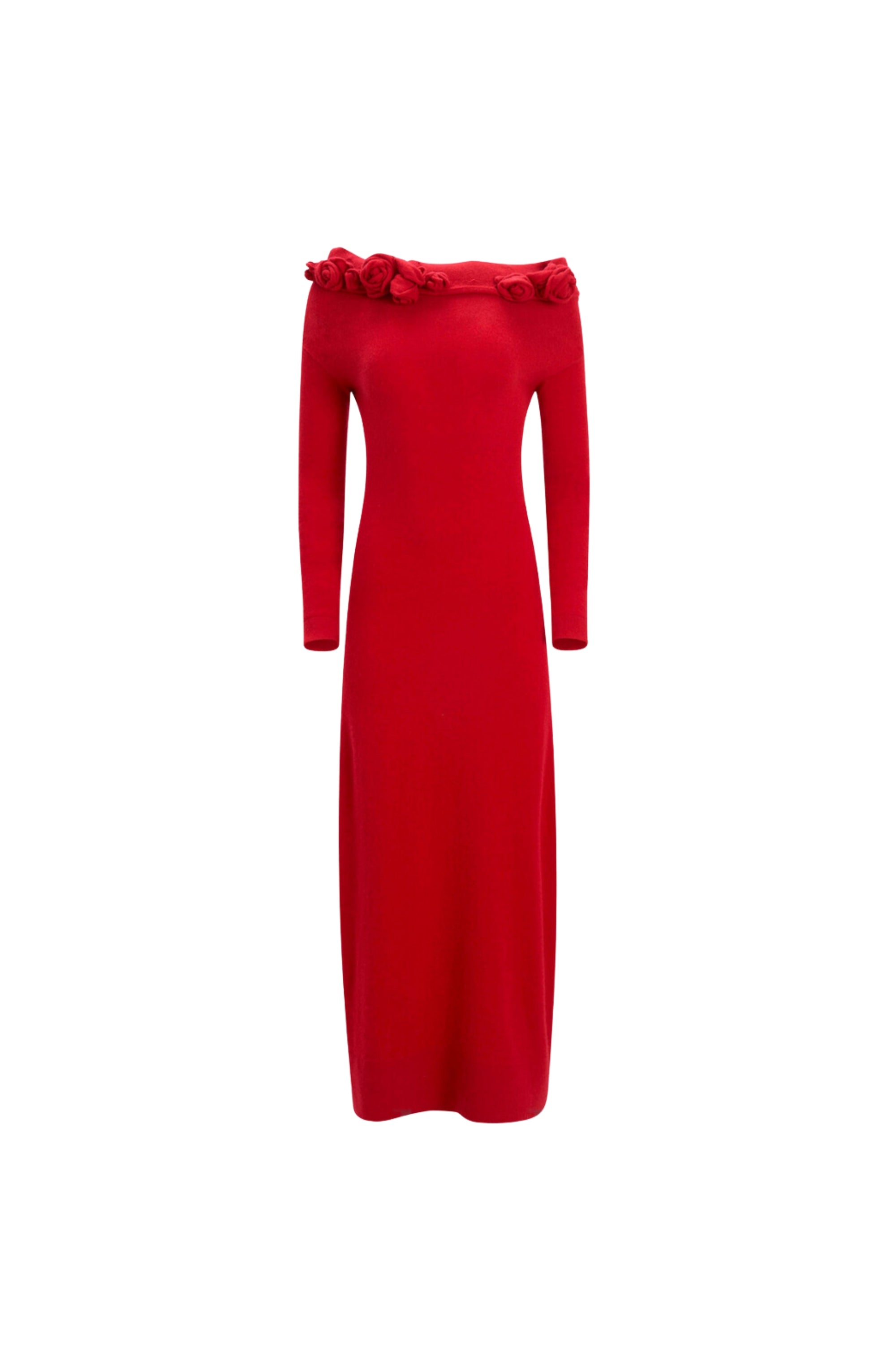 Off-Shoulder Floral Embellished Ruched Maxi Dress In Red