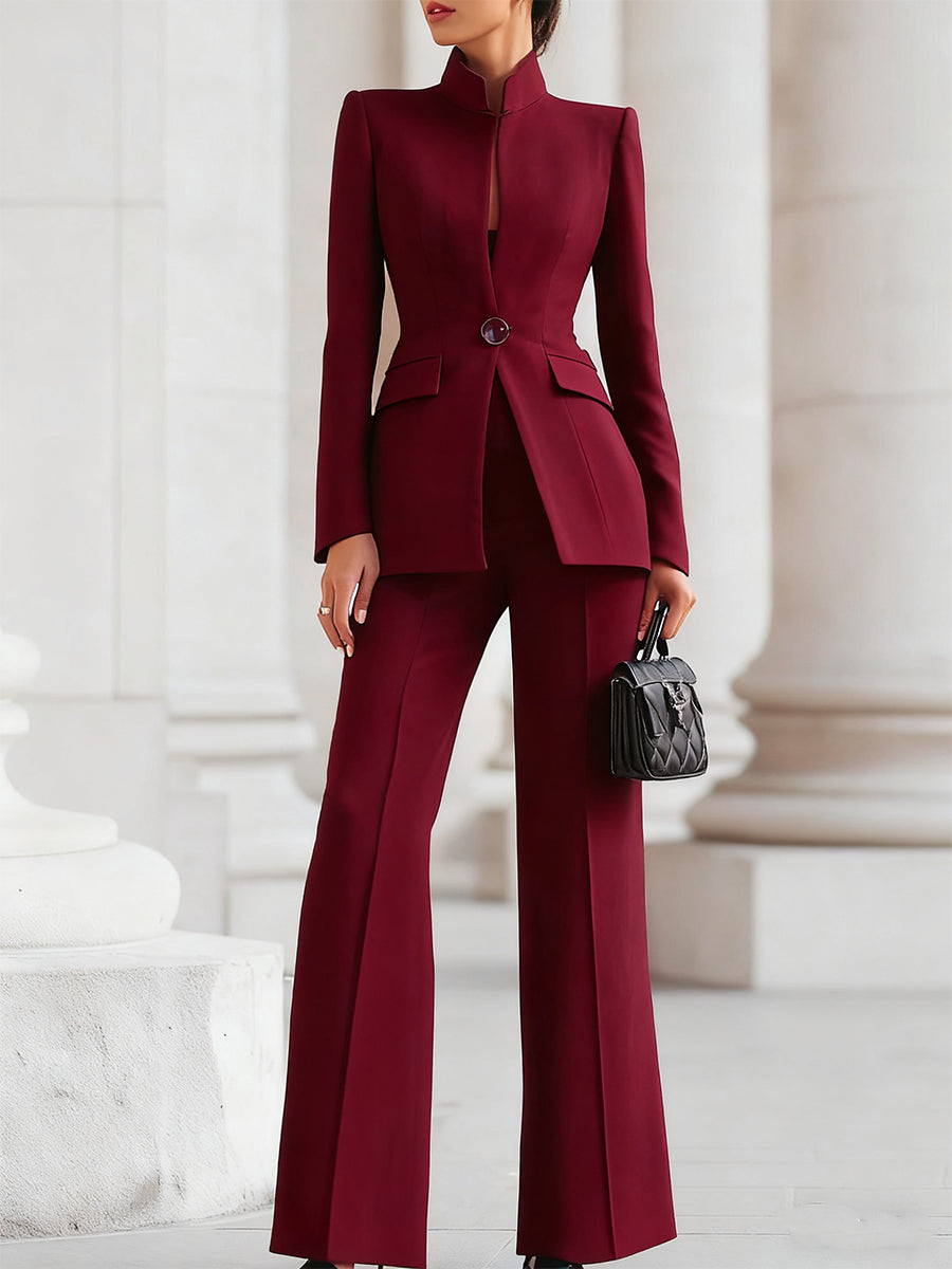 Flowering Girl Women Sophisticated High-Collar Blazer & Wide-Leg Trousers Set