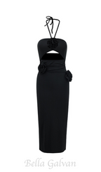 Flowering Girl Women Flower Halter Cut Out Dress in black