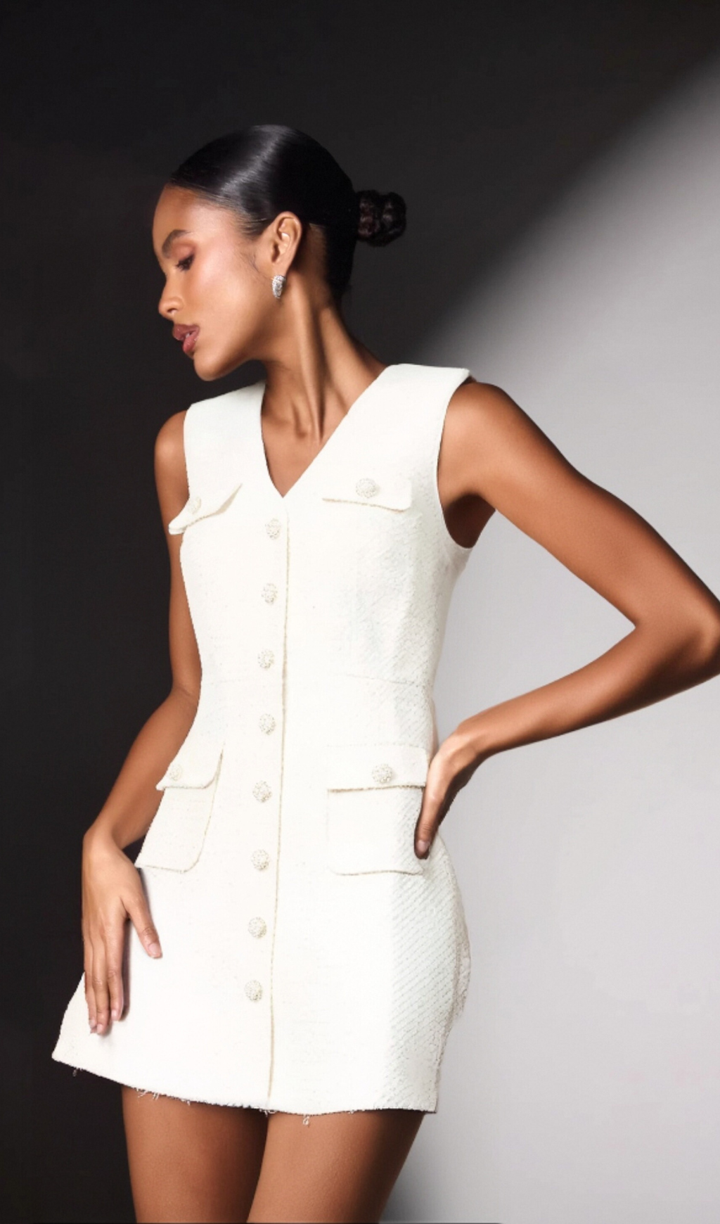 Flowering Girl Women Bouclé pearl-buttons knitted mini dress in white