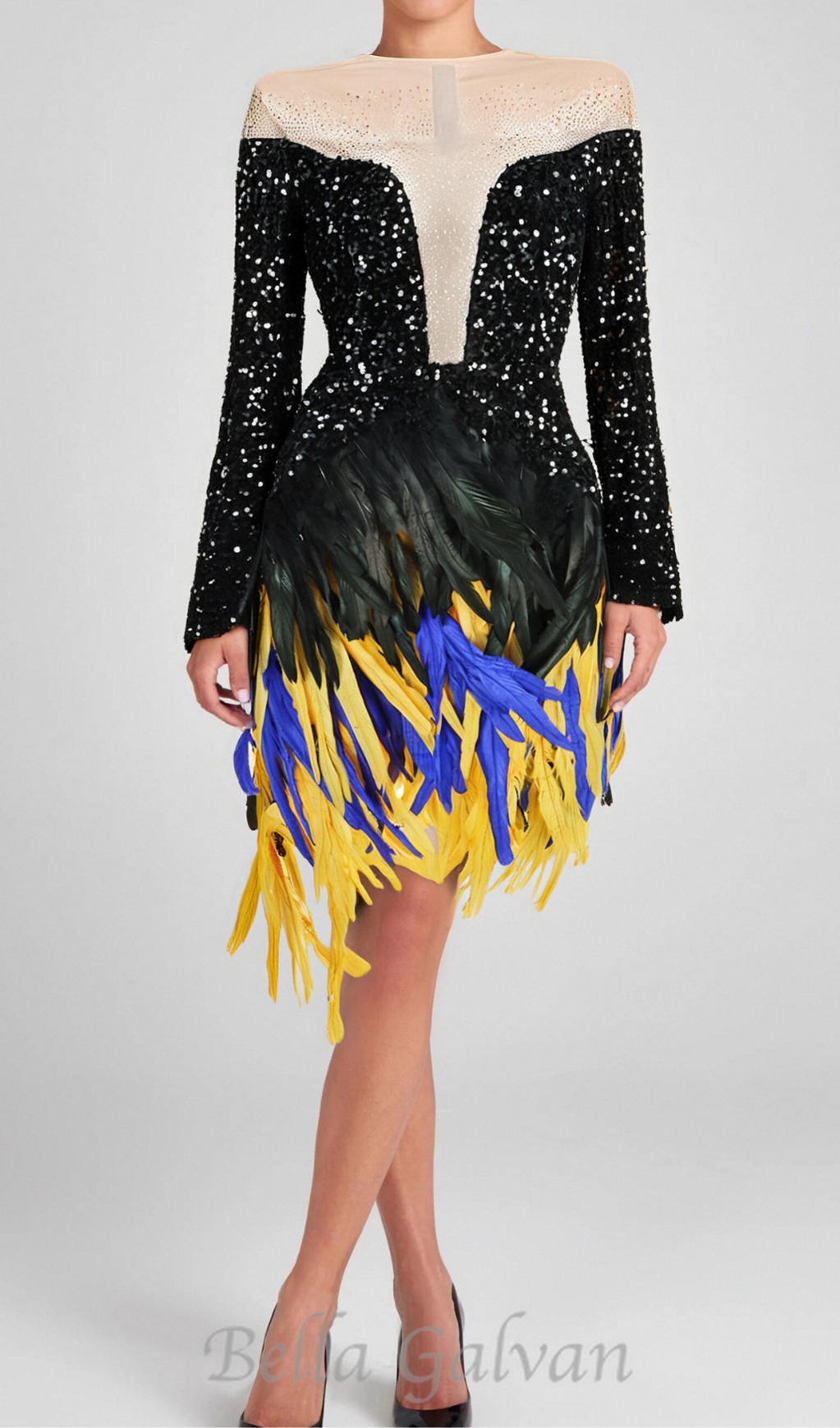 Flowering Girl Women feather embellished sequin mini dress in black
