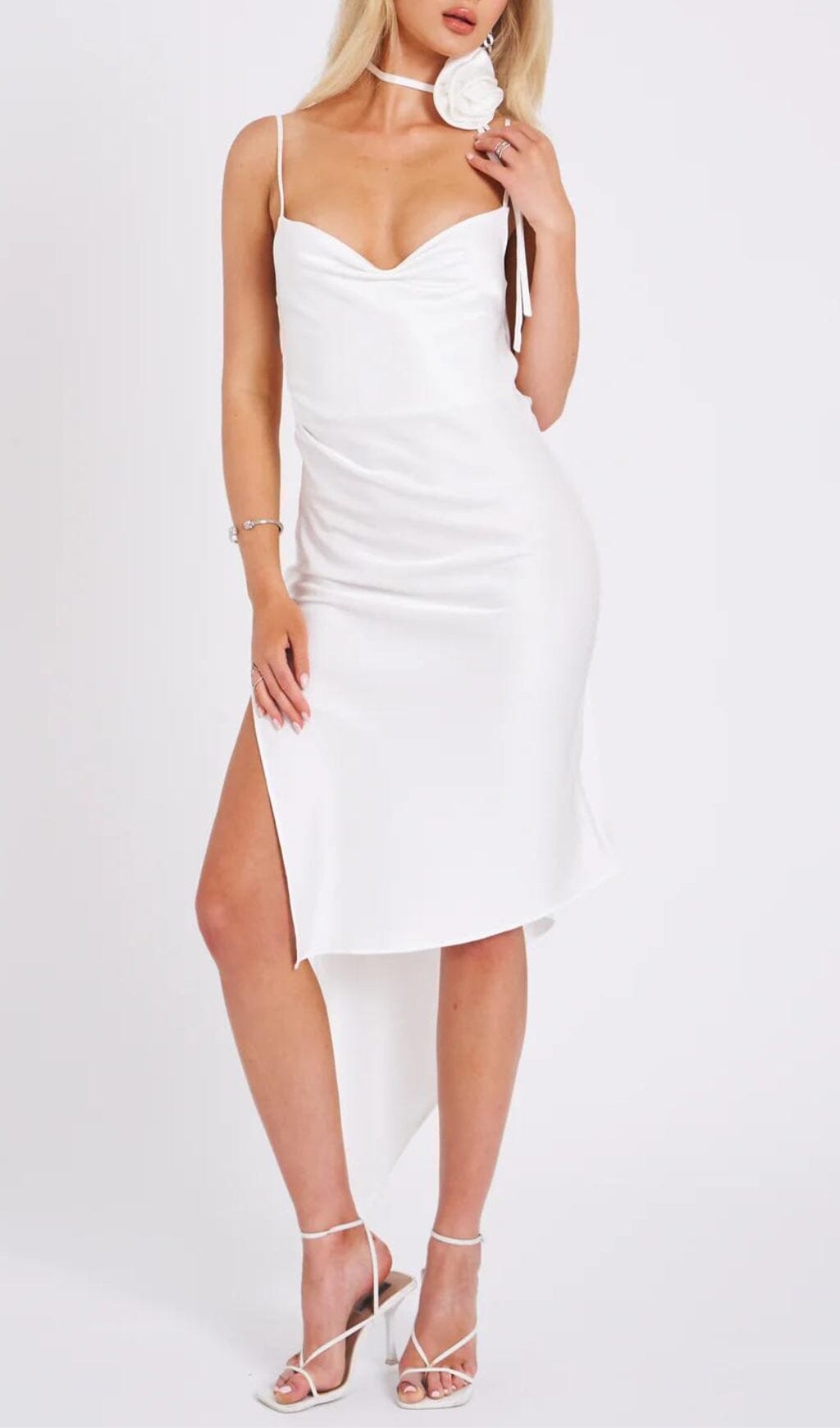 Flowering Girl Women White Satin Draping Midi Dress