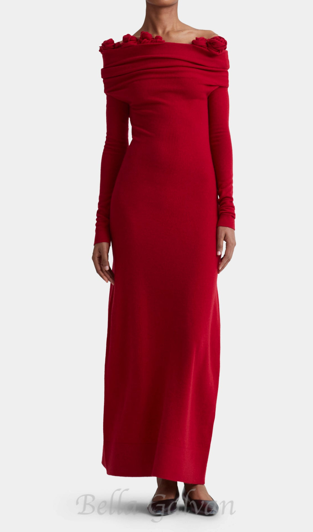 Flowering Girl Women off-shoulder floral embellished ruched maxi dress in red