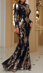 Flowering Girl Women Sequin Long Sleeve bodycon Maxi Dress in black