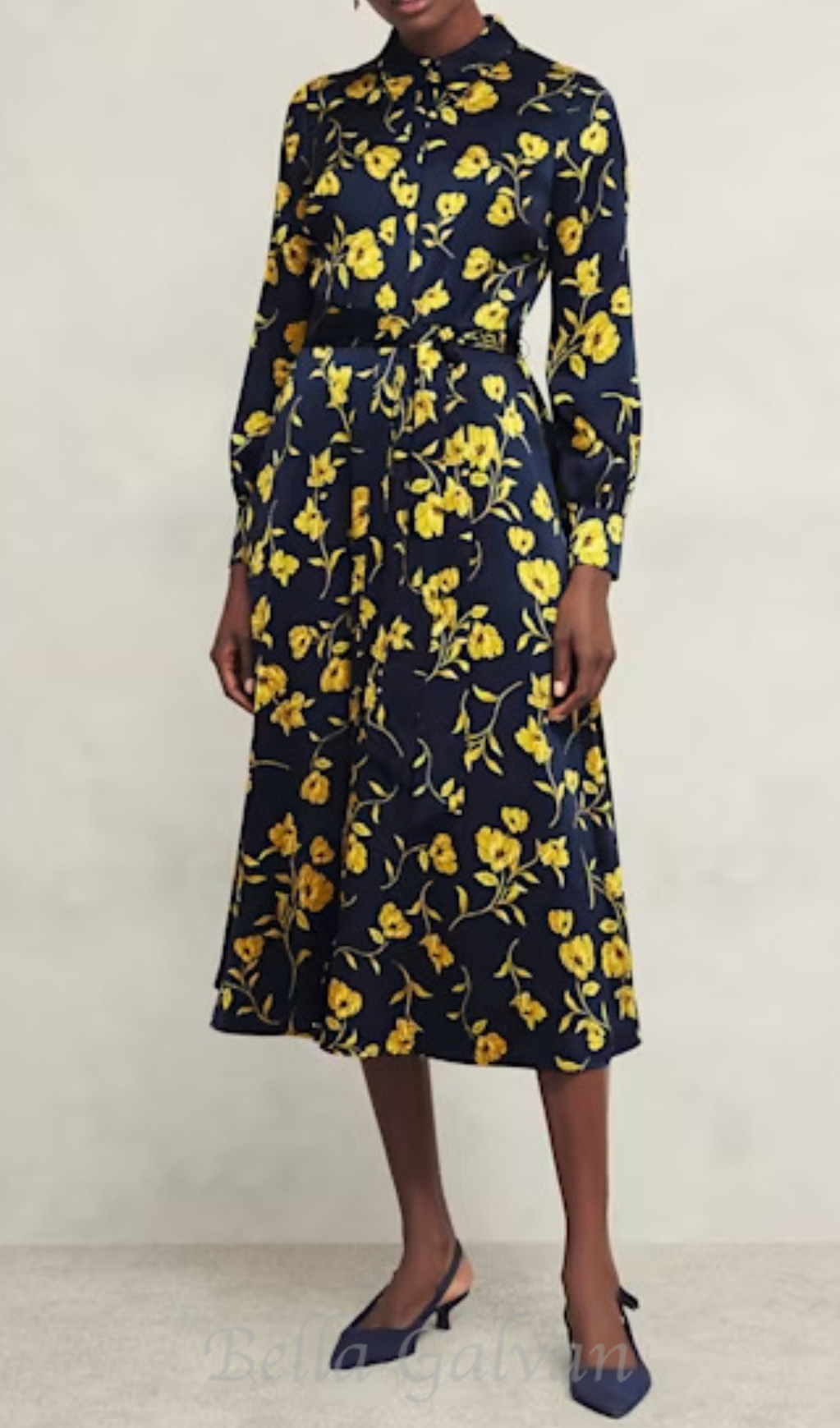 Flowering Girl Women sophia floral shirt midi dress in navy yellow