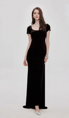 Flowering Girl Women Kristin black faux-pearl embellished velvet maxi dress