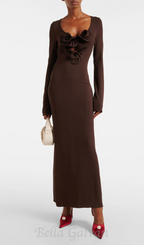 Flowering Girl Women Floral-appliqué jersey maxi dress in brown