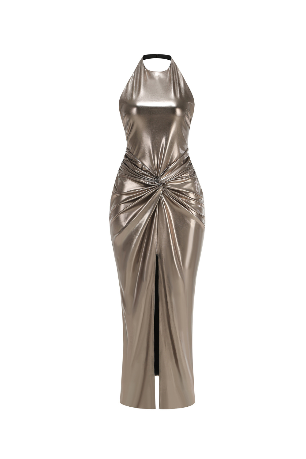 Flowering Girl Women Champagne gold halter neck backless slit gown