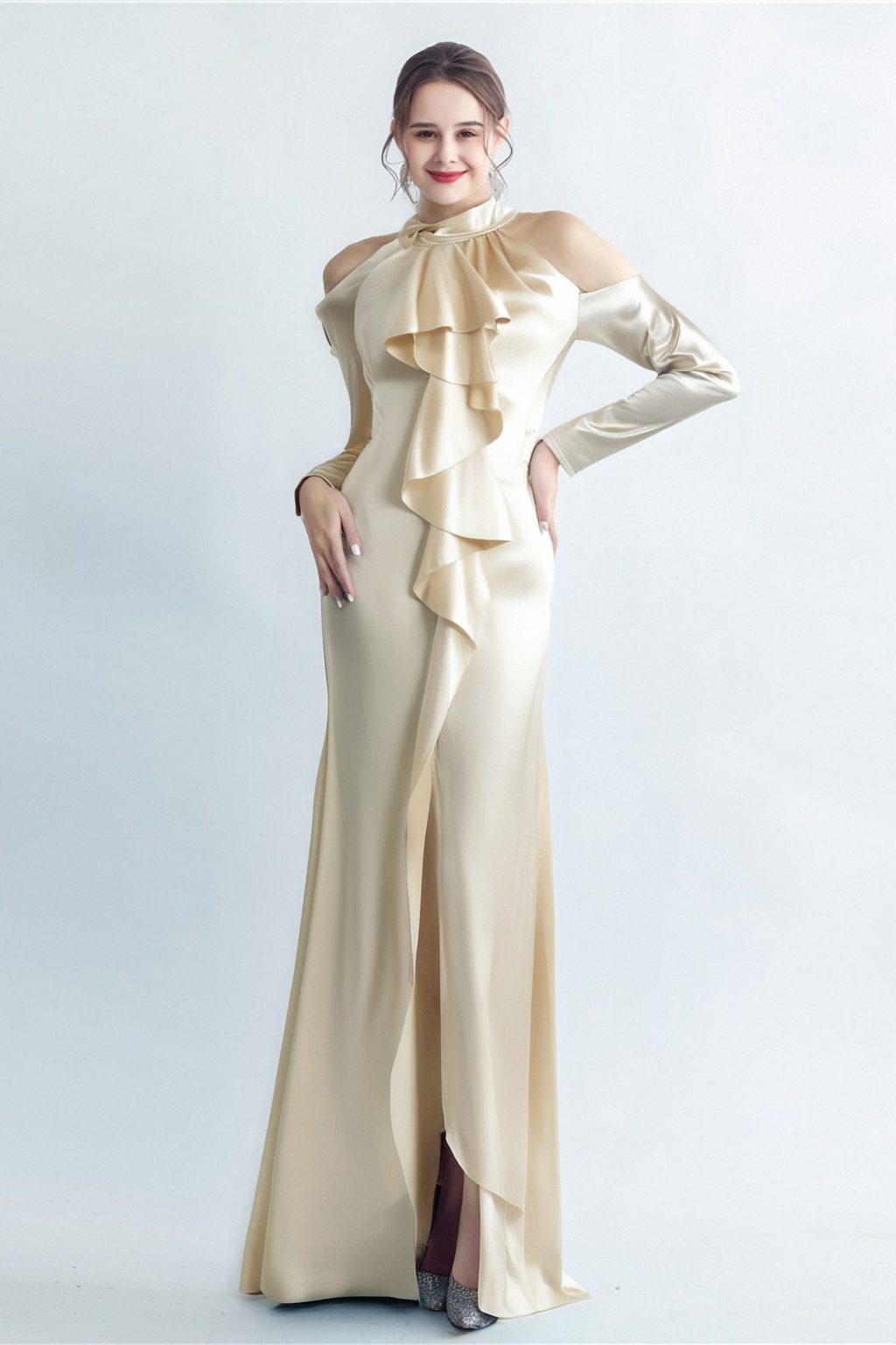 Flowering Girl Women Rae Champagne One-Shoulder Ruffle Embellished Maxi Dress