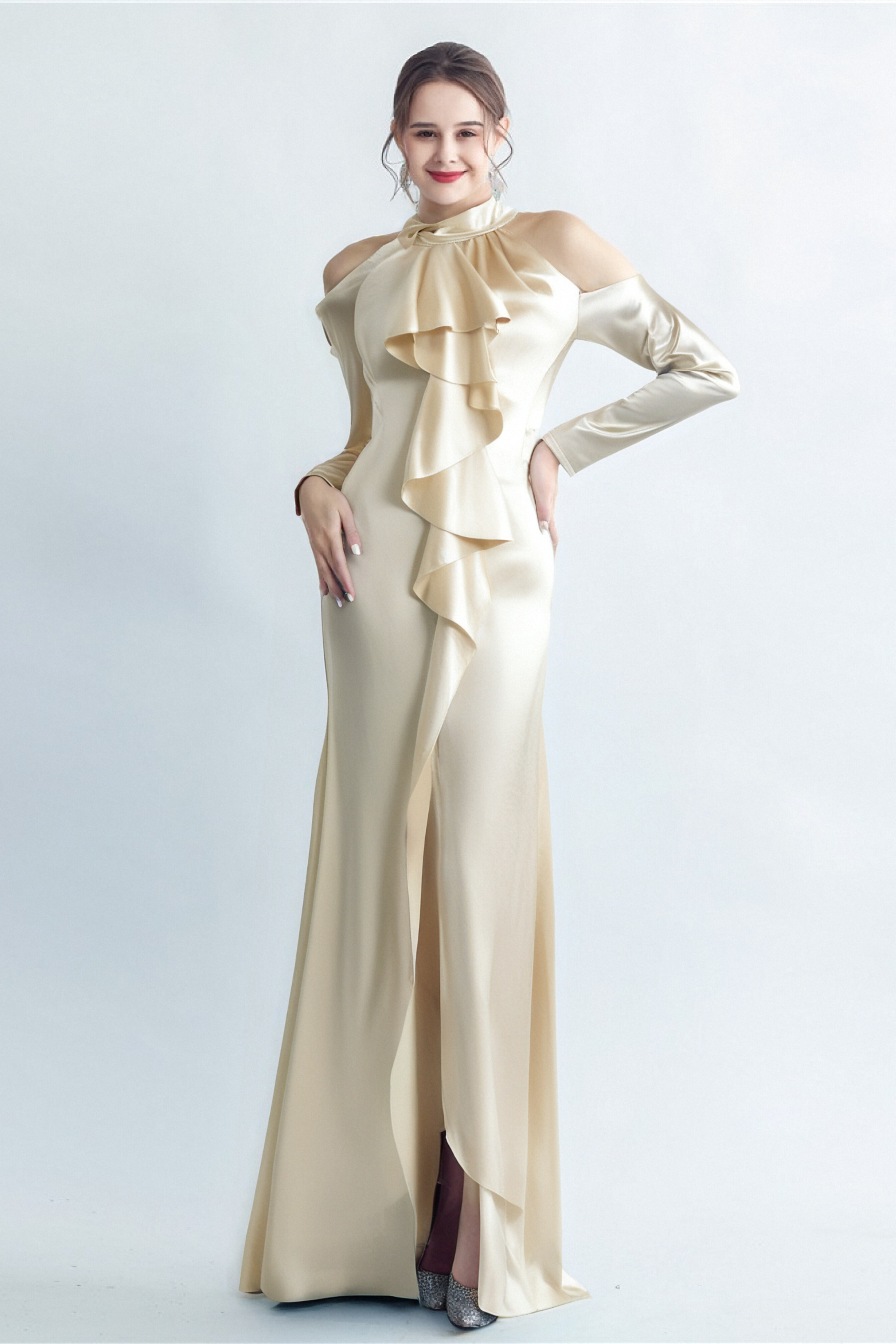 Flowering Girl Women Rae Champagne One-Shoulder Ruffle Embellished Maxi Dress