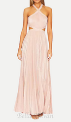 Flowering Girl Women nancy halter cutout pleated gown in pale pink