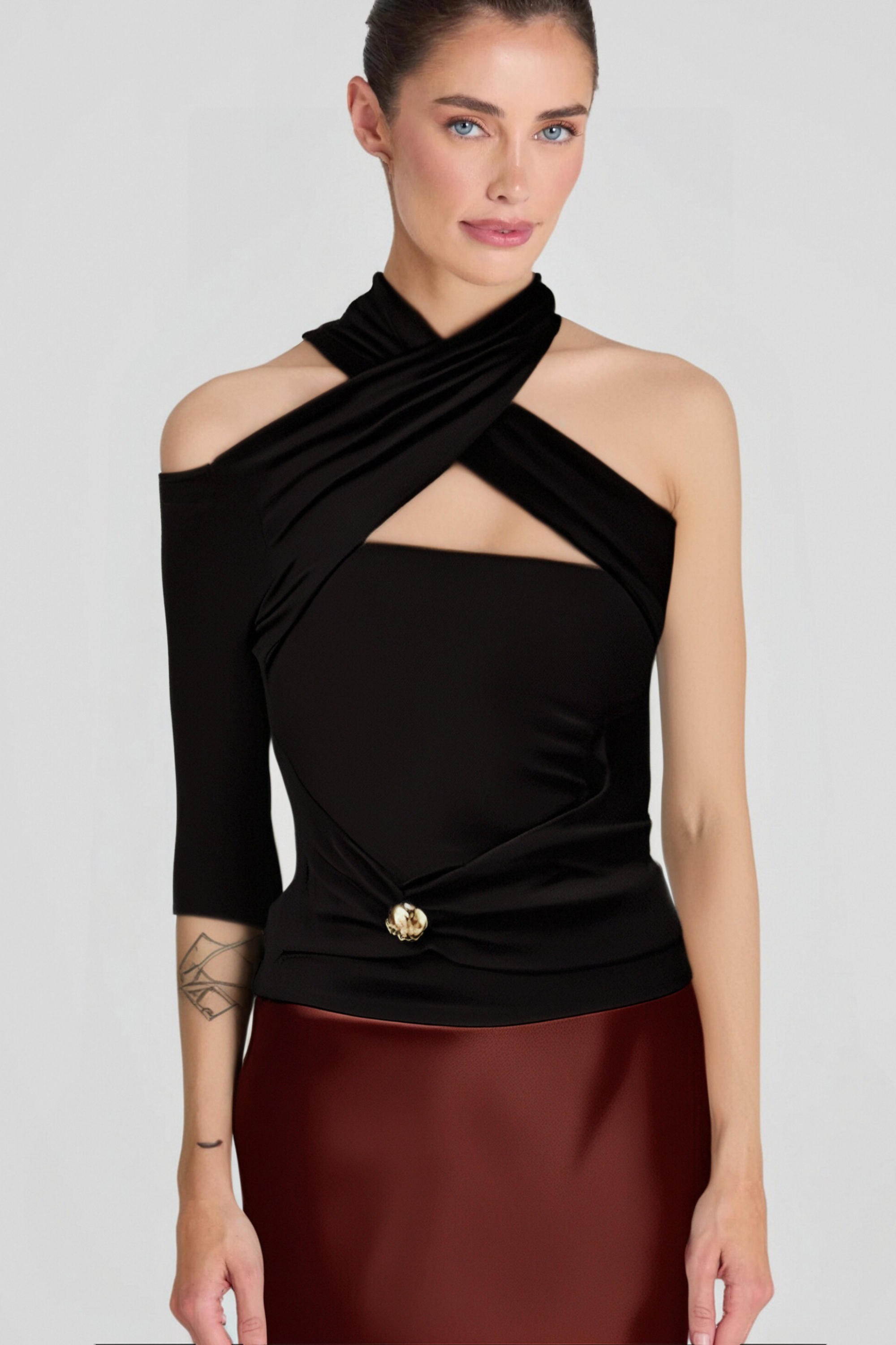 Odette Black Ruched Stretch-Jersey Top
