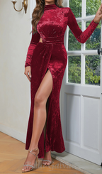 Flowering Girl Women Velvet High Neck Hollow Waist maxi Dress in burgundy