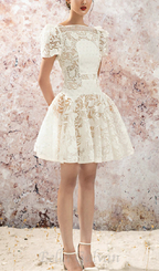 Flowering Girl Women rose sleeve lace hollow mini dress in white