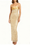 Flowering Girl Women Gold Satin Sequin Pearls Beaded Maxi Dress