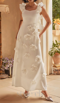 Flowering Girl Women Flower Ruffle Trim Strap Midi Dress In White