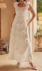Flowering Girl Women Flower Ruffle Trim Strap Midi Dress In White