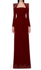 Flowering Girl Women long sleeve trapezoid neckline bodycon maxi dress in red