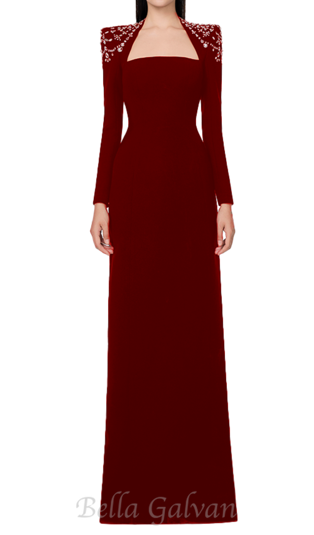 Flowering Girl Women long sleeve trapezoid neckline bodycon maxi dress in red