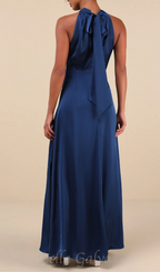 Flowering Girl Women Blue Satin Pleated Mock Neck Maxi Dress