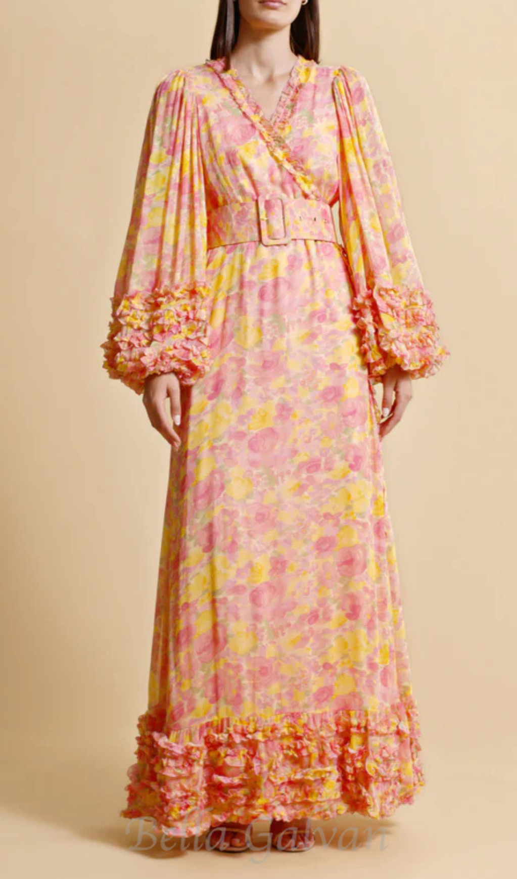 Flowering Girl Women chiffon ruffled wrap maxi dress in orange