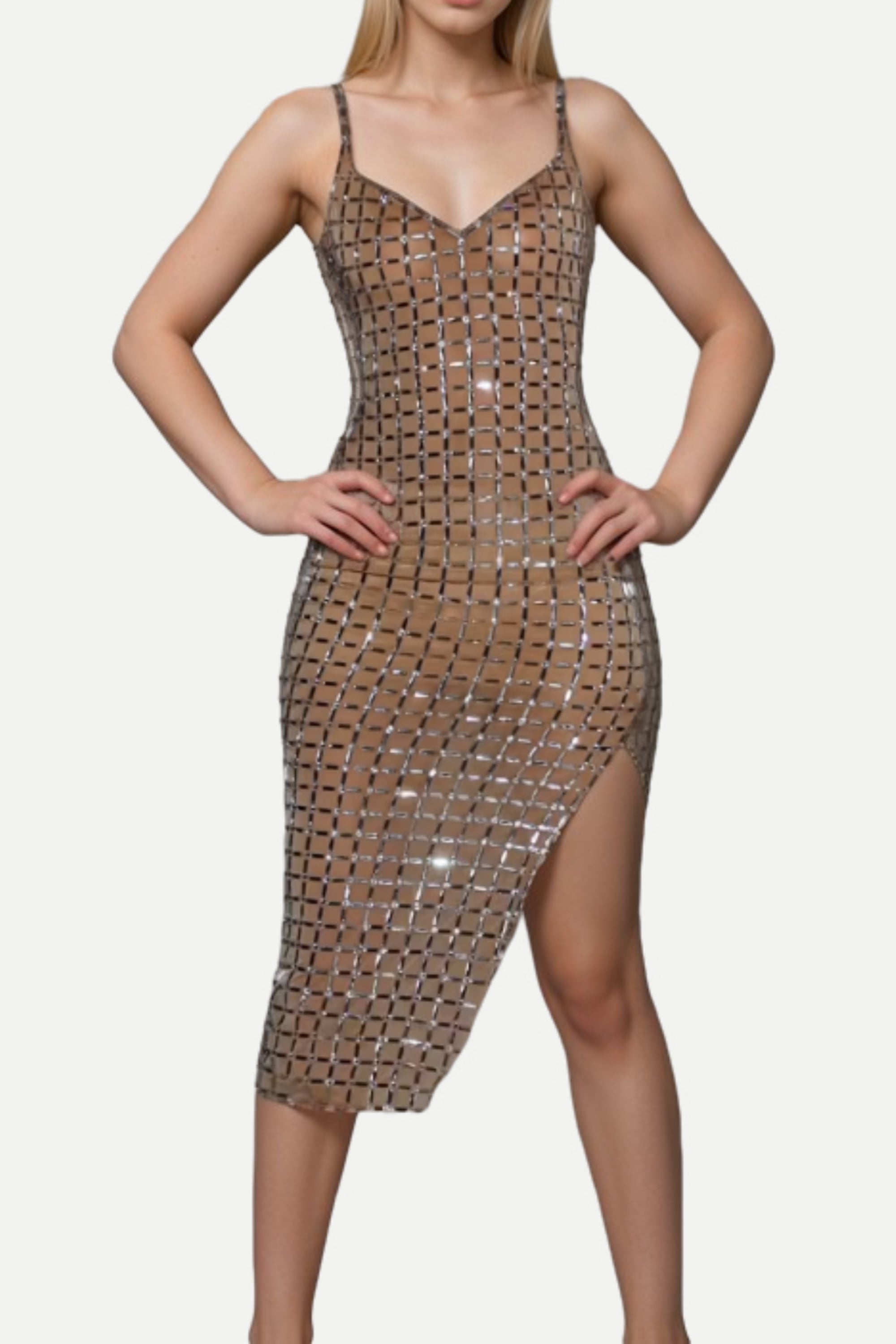 Flowering Girl Women Sequin-Embellished Slit Midi Dress In Apricot