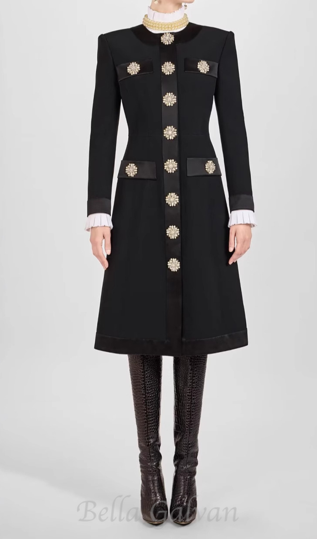 Flowering Girl Women Crystal embellished satin-trimmed crepe midi dress in black