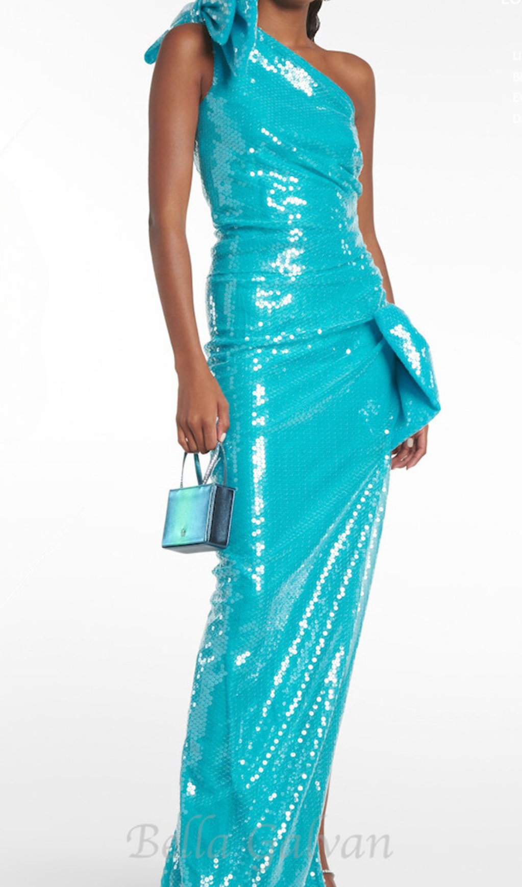 Flowering Girl Women One Shoulder Bow Sequin Maxi Dress in blue