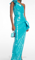 Flowering Girl Women One Shoulder Bow Sequin Maxi Dress in blue