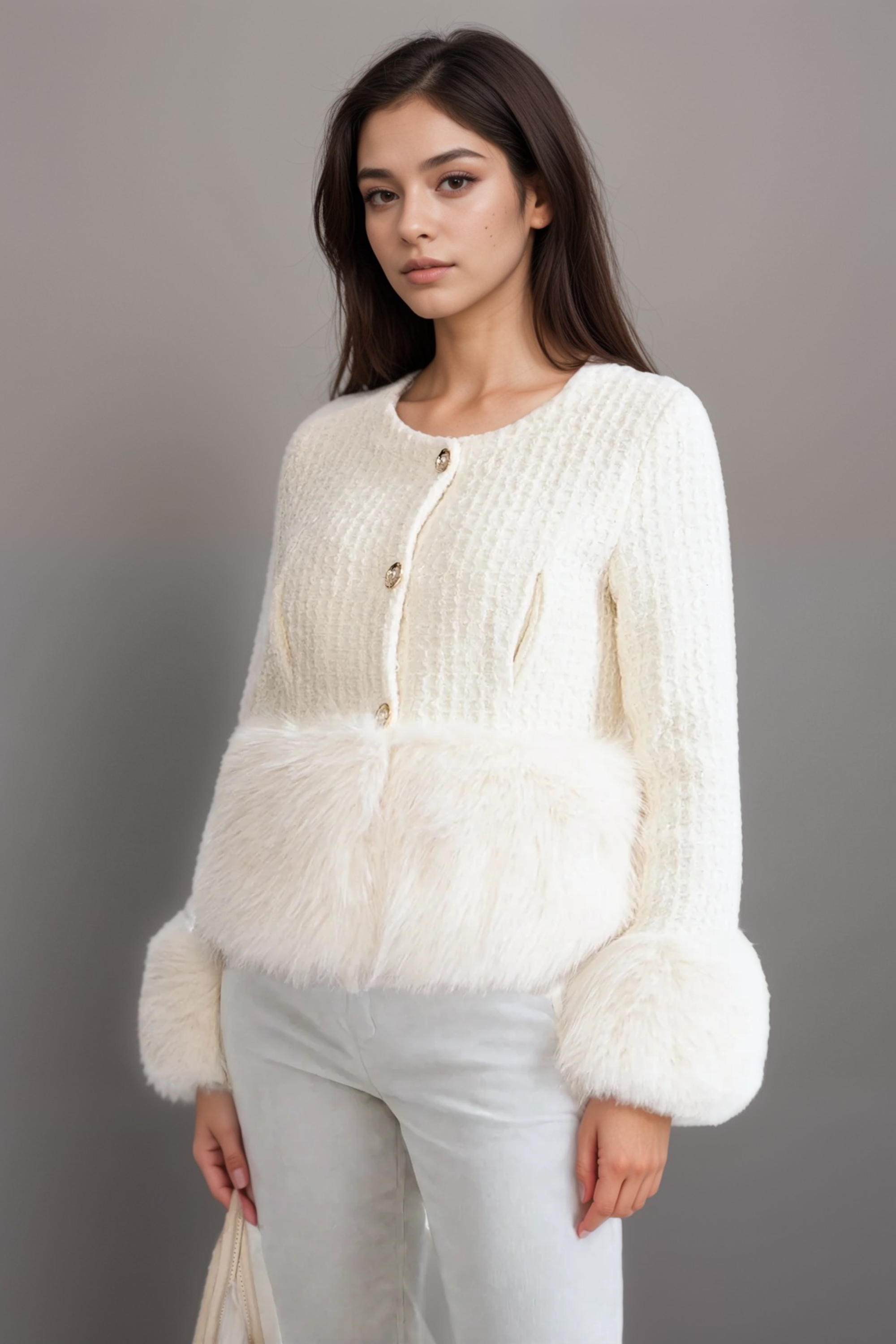 Flowering Girl Women Tweed Jacket Withfaux Fur Accents