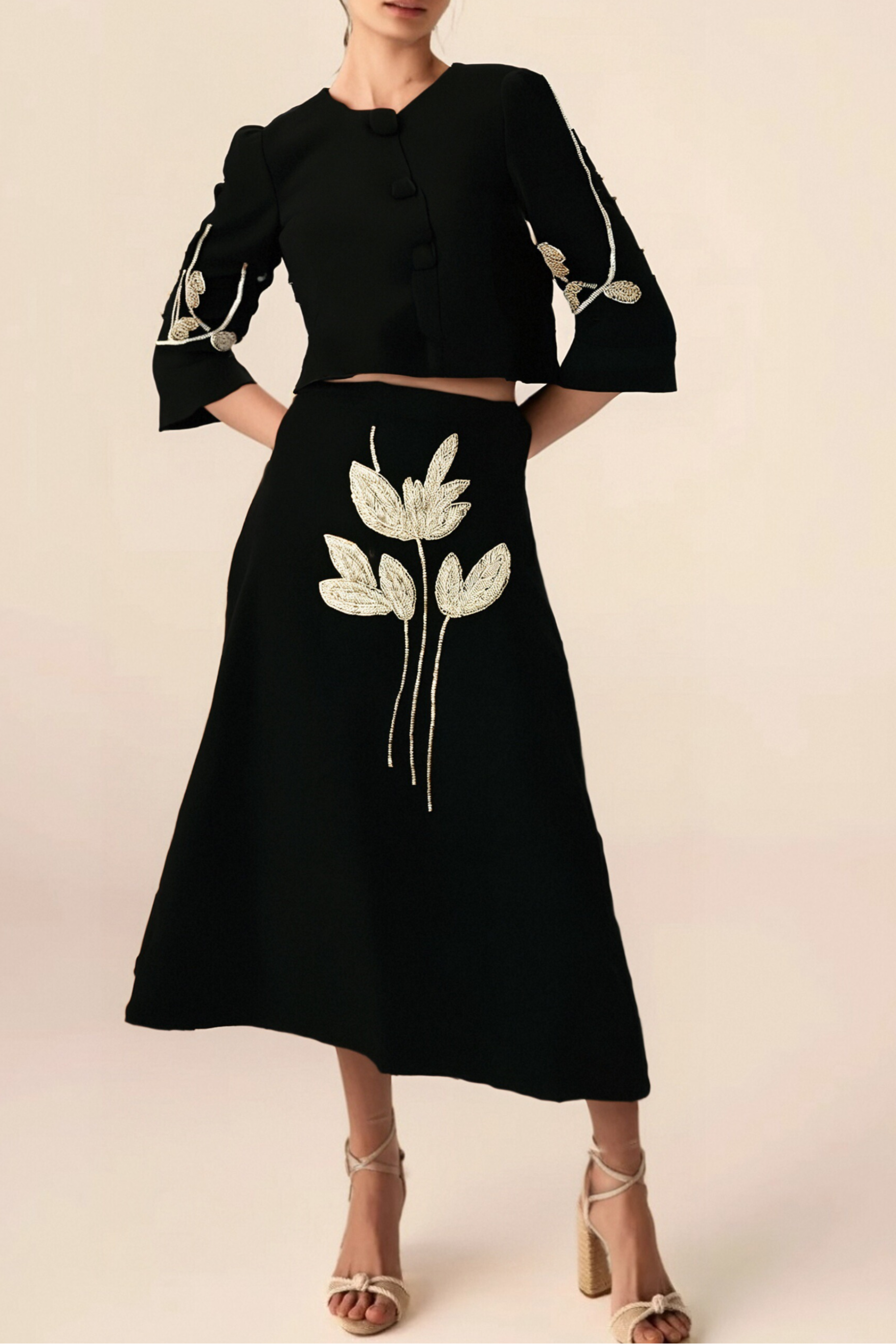 Flowering Girl Women Pauline Black Floral-Appliqué Jacket & Skirt Matching Set