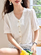 sabina Loose V-Neck Hollowed Lace Top