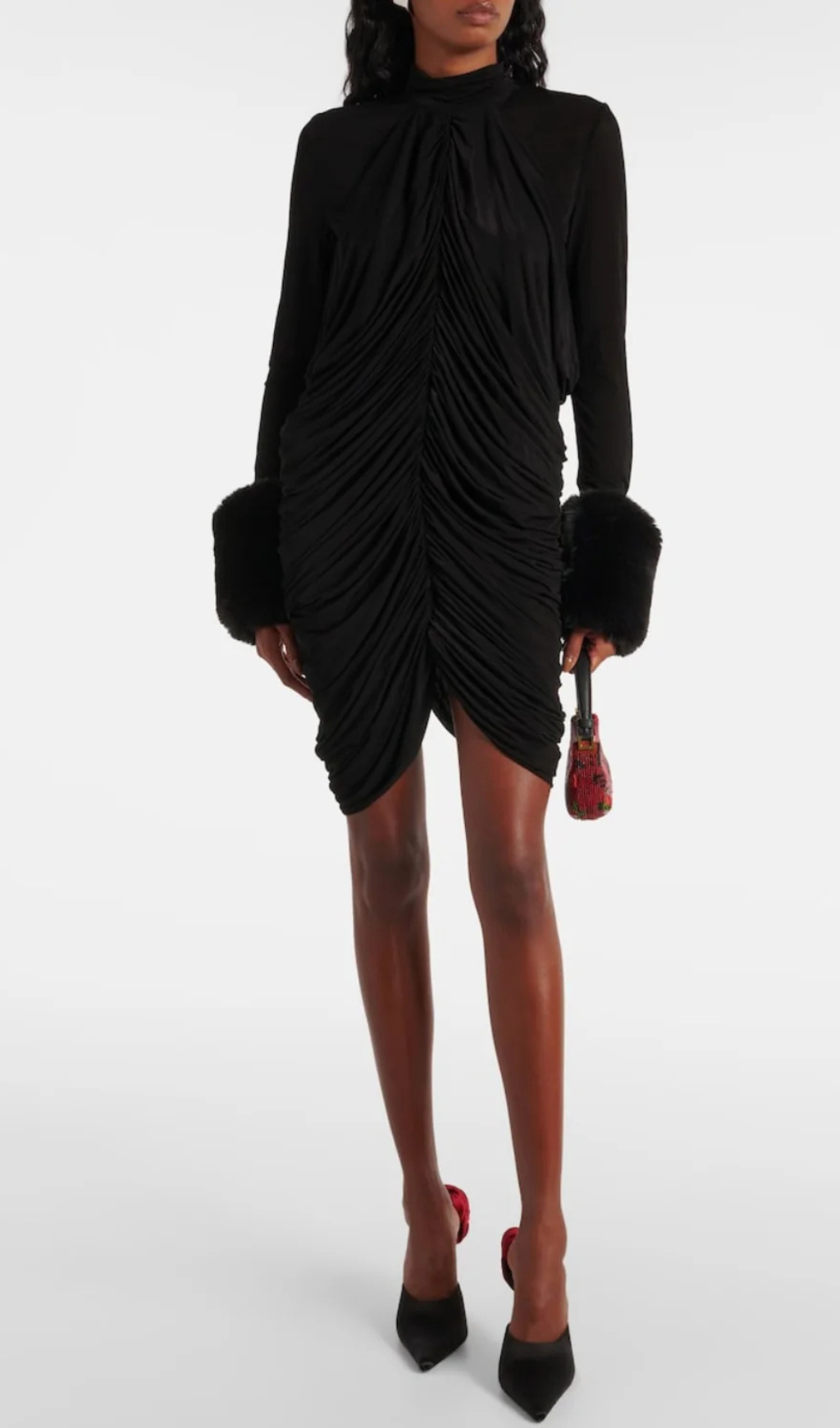 Flowering Girl Women Vevida Ruched Mesh Faux Fur Mini Dress in black