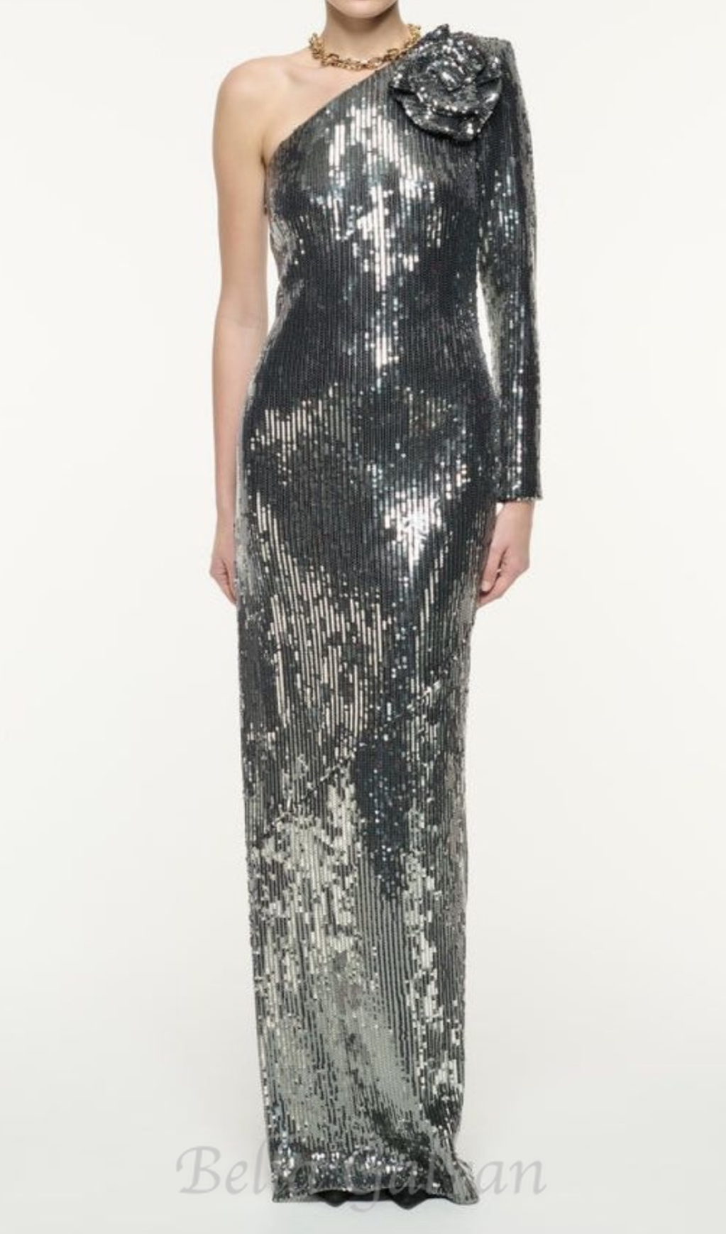 Flowering Girl Women Floral-appliqué sequin gown in silver