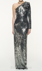 Flowering Girl Women Floral-appliqué sequin gown in silver