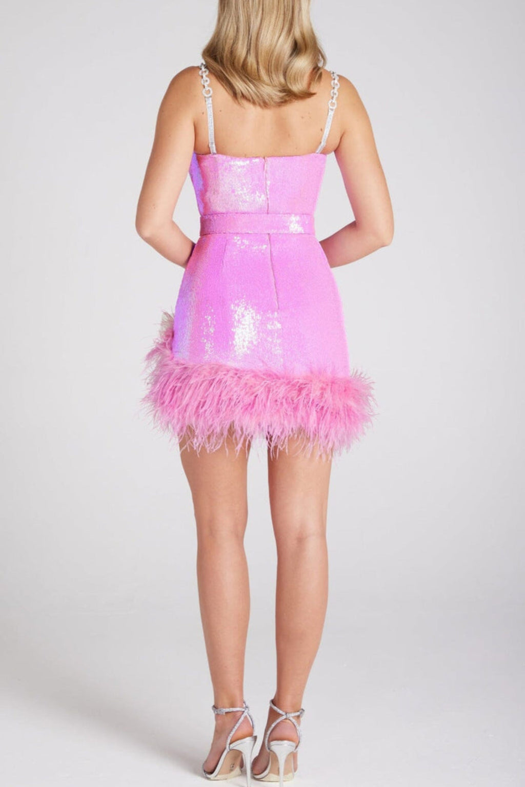 Flowering Girl Women Sequin Feather Belt Mini Dresss In Pink