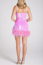Flowering Girl Women Sequin Feather Belt Mini Dresss In Pink