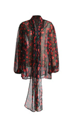 Flowering Girl Women Cherry Printed See Through Blouse