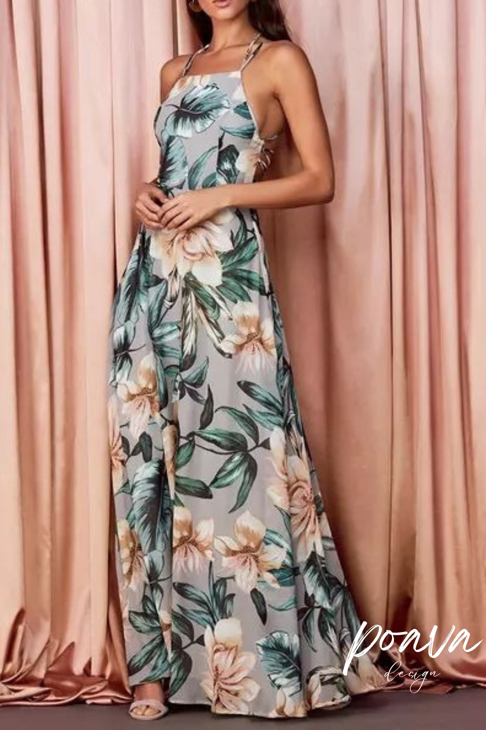 Flowering Girl Women Grey Floral Print Lace-Up Maxi Dress