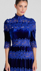 Flowering Girl Women Hollow Patchwork Velvet Dress In Blue