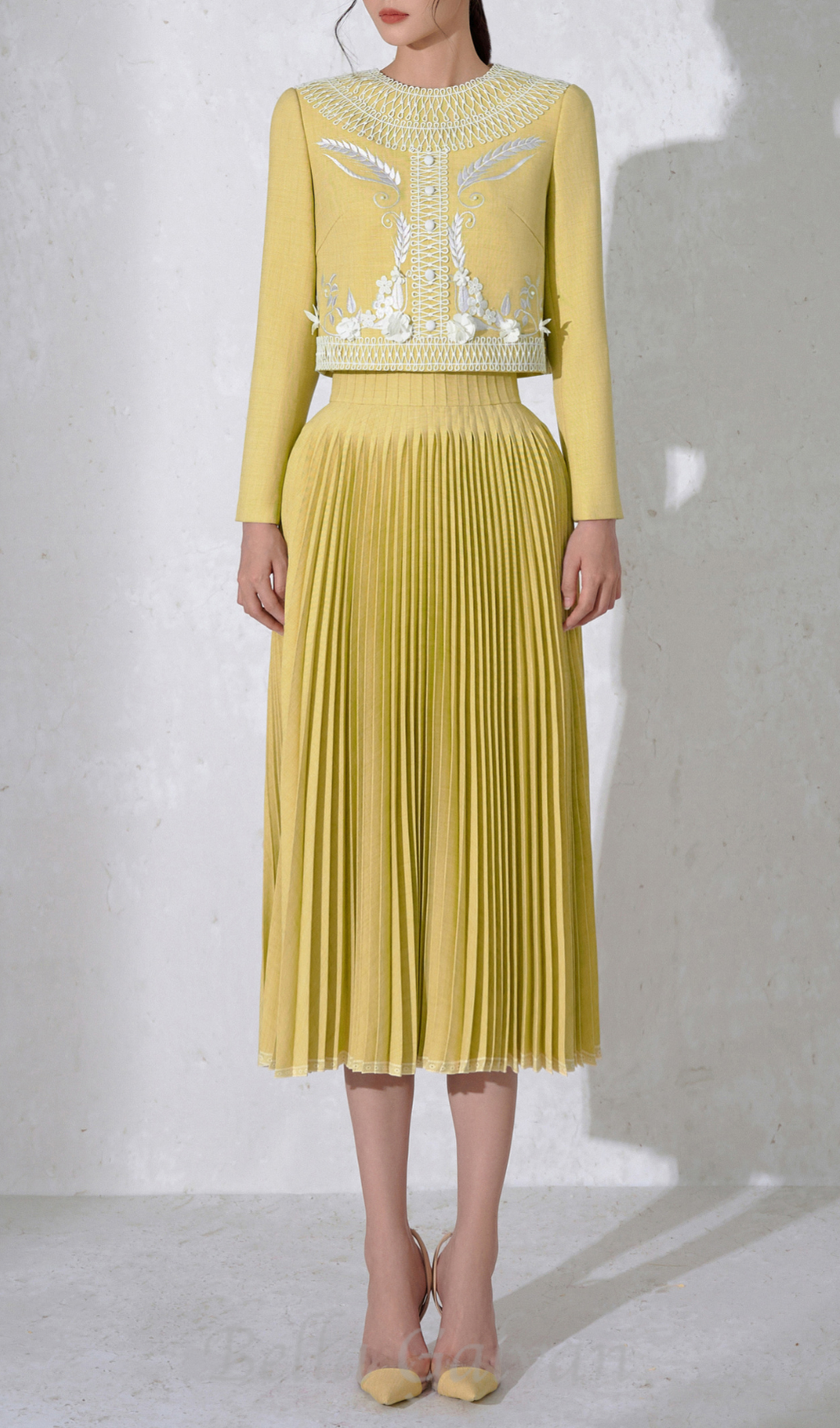 Flowering Girl Women draped top pleat skirt set in yellow