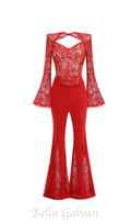 Flowering Girl Women lace-embellished trumpet sleeve jumpsuits in red